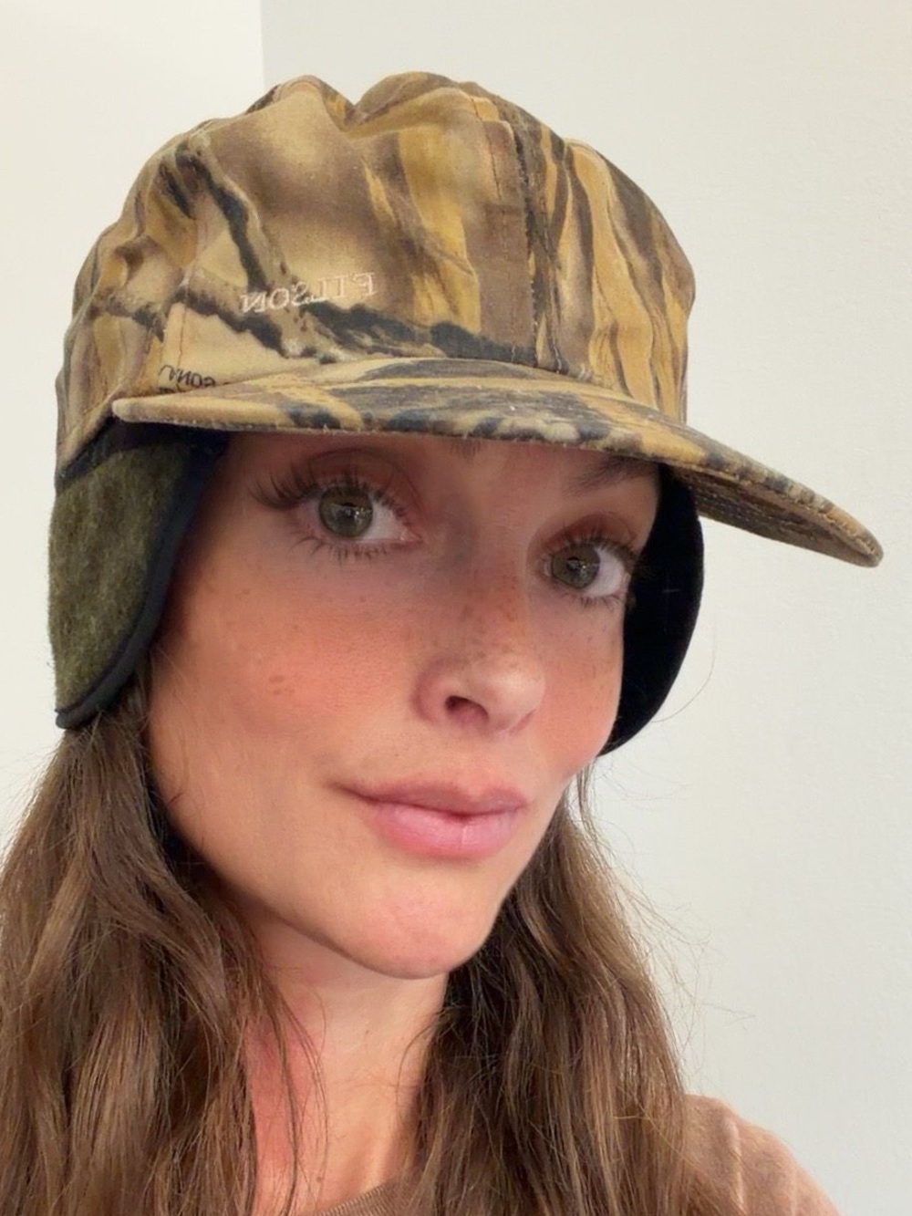 Vintage Filson Camouflage Waxed Cotton & Wool Earflap Cap in Brown and Olive